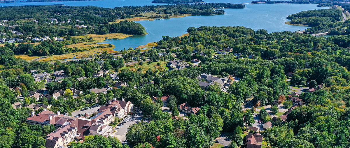 Aerial view of OceanView with Casco Bay and Presumpscot River estuary.