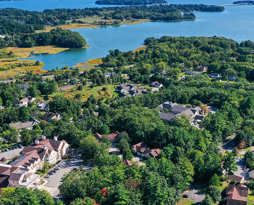 Aerial view of OceanView with Casco Bay and Presumpscot River estuary.